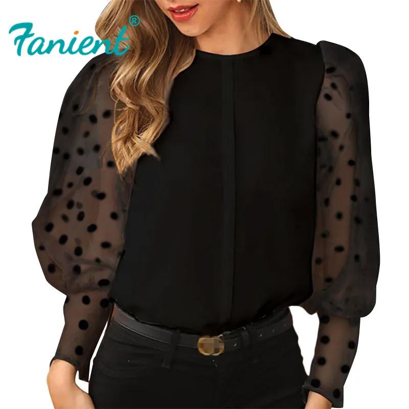 Женская прозрачная сетчатая блузка с длинным рукавом винтажная в горошек