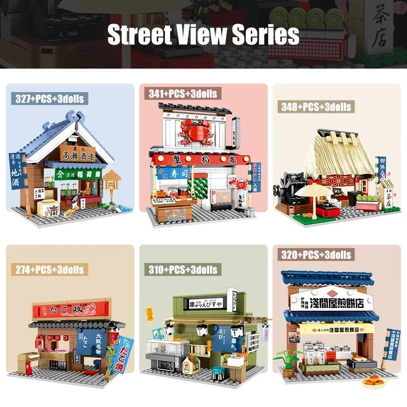 New City Street View Architecture Japan Food Shop House Retail Store Restaurant Sushi Takoyaki Ramen Model Building Block Toys | Игрушки и