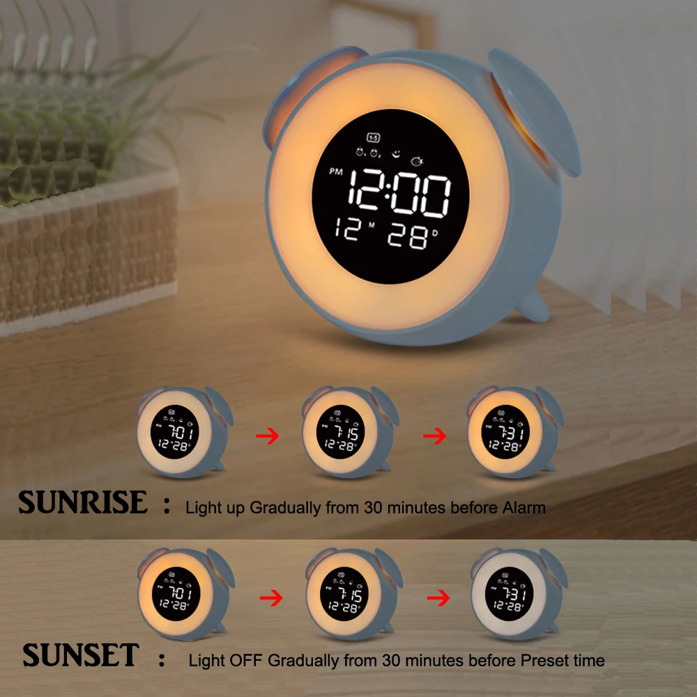 bedside sunrise sunset wake up light digital led music alarm mirror clock bedroom desk calendar snooze clock table phone charger free global shipping