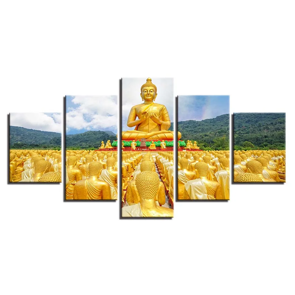 

Framed Canvas Wall Art Posters HD Prints Paintings 5 Pieces Golden Statue Of Buddha Pictures Buddhism Home Decor Living Room