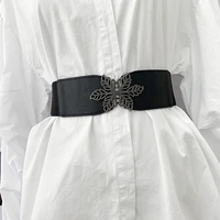 fashion women elastic belts designer brand double leaf buckle wide waist strap lady dress coat sweater decorative waistband