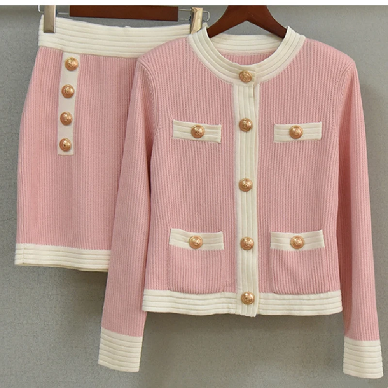 High Quality Women Fashion Autumn Winter Ladies Slim Knitted Cardigan Sweater Jacket Top+ Skirt Two-Piece Set