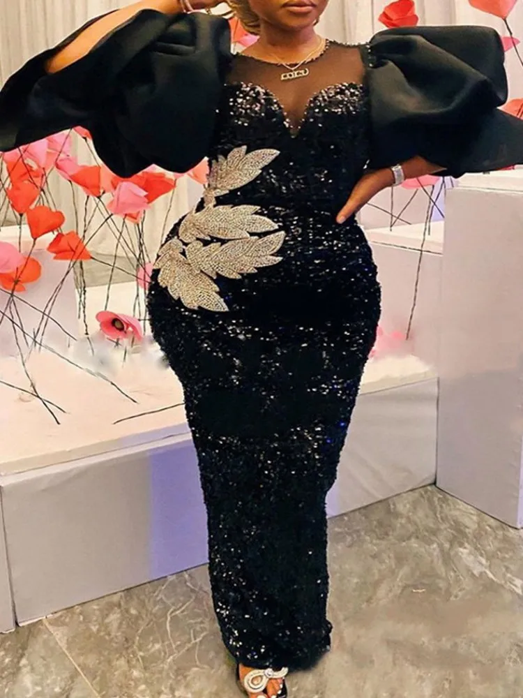 Black Evening Dress Ankara Robes Elegant Ladies Large Size Clothes Wrapped Ruffle Sleeve Sequin Embroidered Maxi Dress Winter