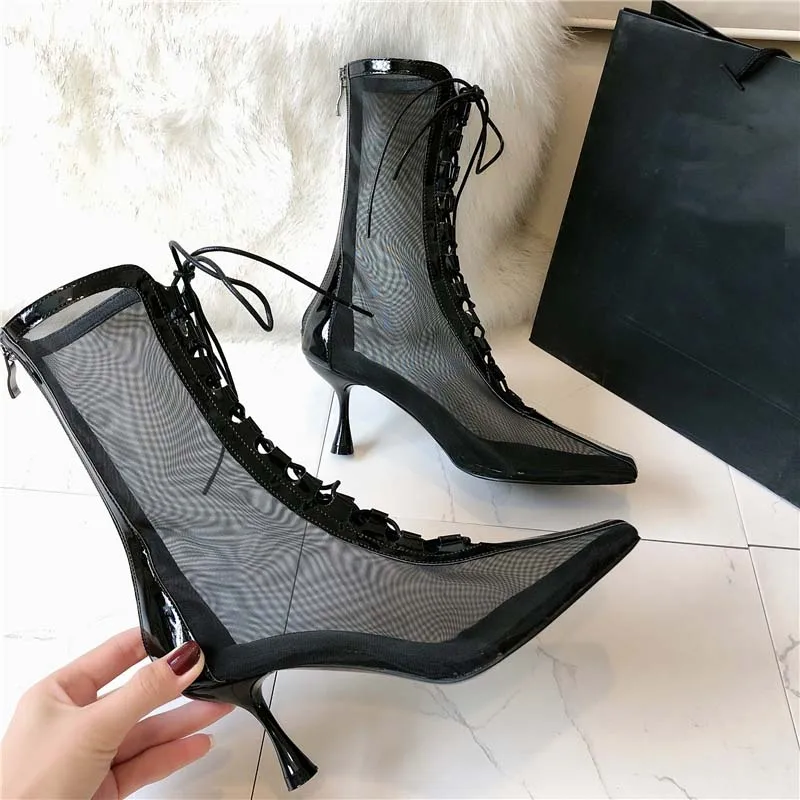 2019 г. Новые летние сетчатые ботильоны женская обувь на необычном высоком каблуке