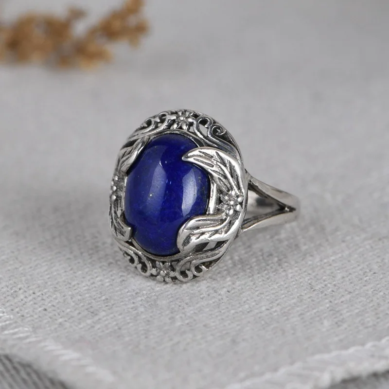 

FNJ 925 Silver Rings Lapis Lazuli 100% Real Original S925 Solid Prue Silver Ring for Women Jewelry Vintage Romantic Flower