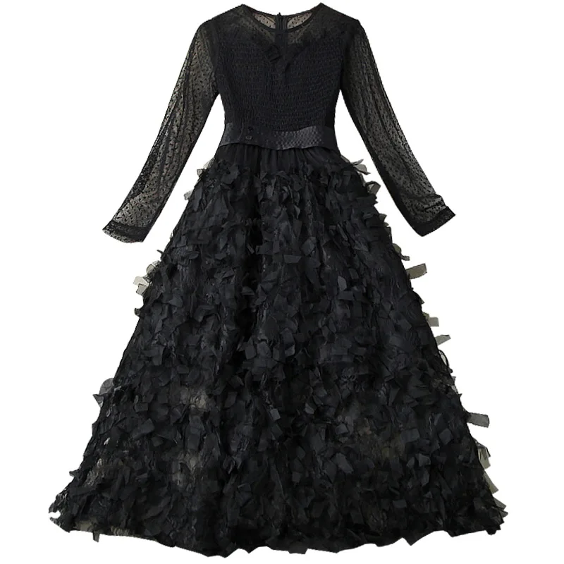 

Women black mesh sexy gothic dress new 2021 spring dots long sleeve designer ruffles fringe tassel stretch bow gown dresses