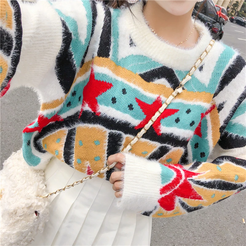 women sweater knitted pullovers long sleeve white red blue star geometric loose mohair M0032 | Женская одежда