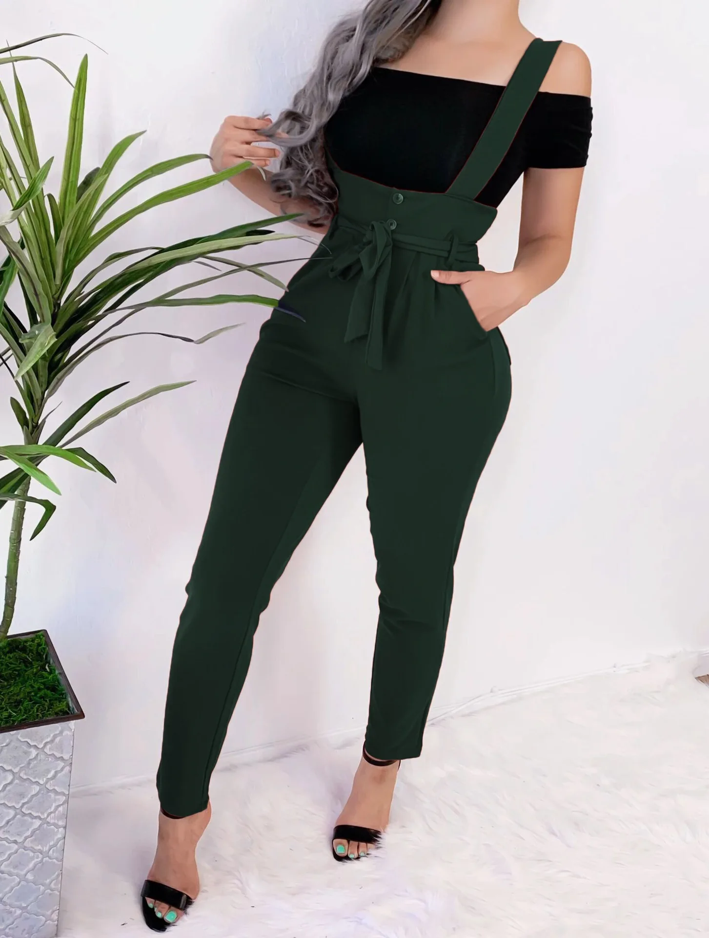 

Fashion Bodycon Black Long Lace Pants 2020 Autumn Winter Casual Solid Overalls Ladies Pants Sexy Empire Women's Bib Pants