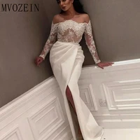 ivory long sleeve lace top sexy slit mermaid saudi arabic evening gowns vestido de formatura longo elegant evening dresses