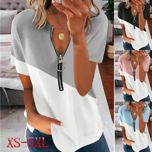 

Women T-Shirt Summer Casual Splicing Short Sleeves-Neck Zipper Blouse Tops Oversize Female Camiseta