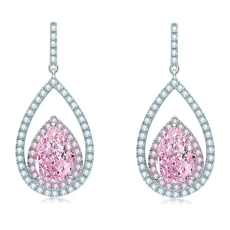 

BK Pink High Carbon Diamond Stud Earrings For Women 925 Sterling Silver Water Drop 7*10mm Wedding Engagement Fine Jewelry Gifts