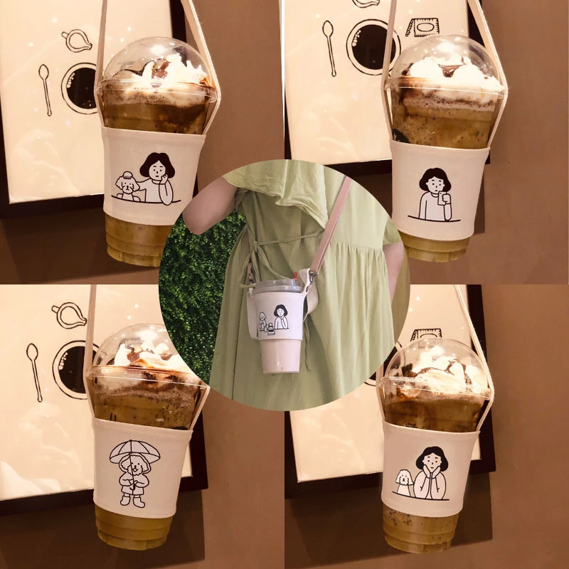 

1PC Beverage Cup Set Canvas Cup Bag Cartoon Printed Bag Milk Tea Cup Handbag Diverse Pattern With Cute Hook For Shopping Gadgets