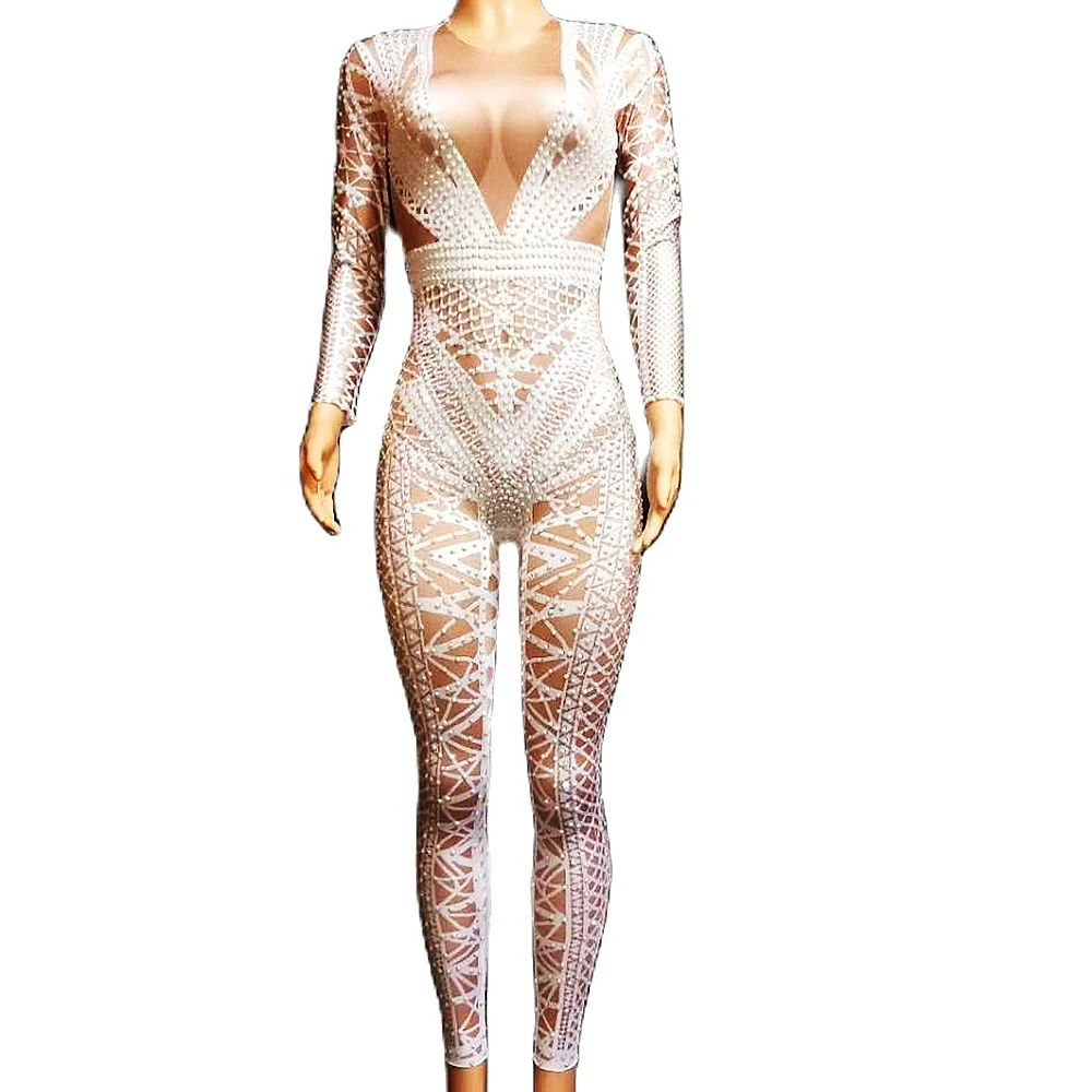 

White Rhinestones Plaid Pattern Printing Jumpsuit Backless Long Sleeve Leotard Personality Performance Costume Ladies Dance Wear