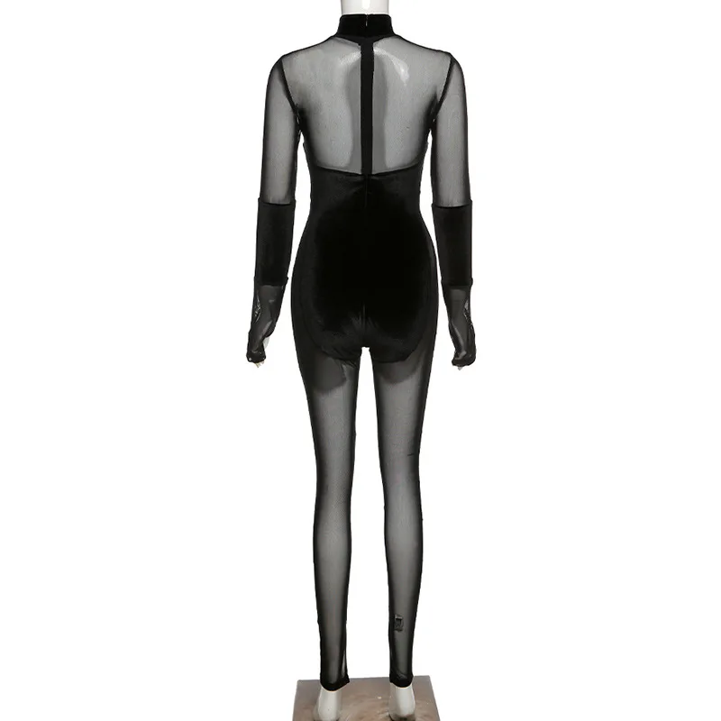 

Sexy Mesh Sheer Splice Jumpsuit Women New Long Sleeve One Piece Party Club Outfits Back Zipper Velvet Bodycon Jumpsuit