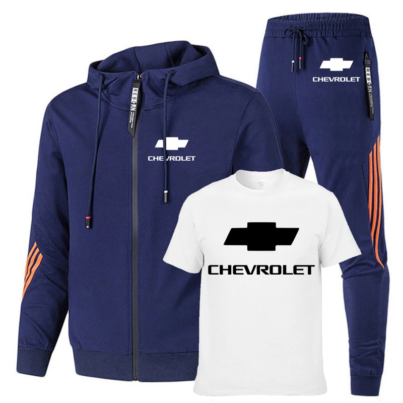 

Spring Autumn Men's Hoodie Chevrolet Car Logo Print stripe high quality cotton Men's sweatshirt+T-shirt+sports pants 3-piece set
