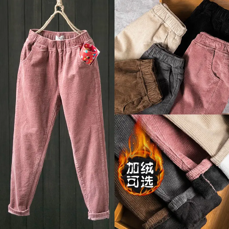 Женские вельветовые шаровары в стиле ретро с высокой талией на осень/зиму |