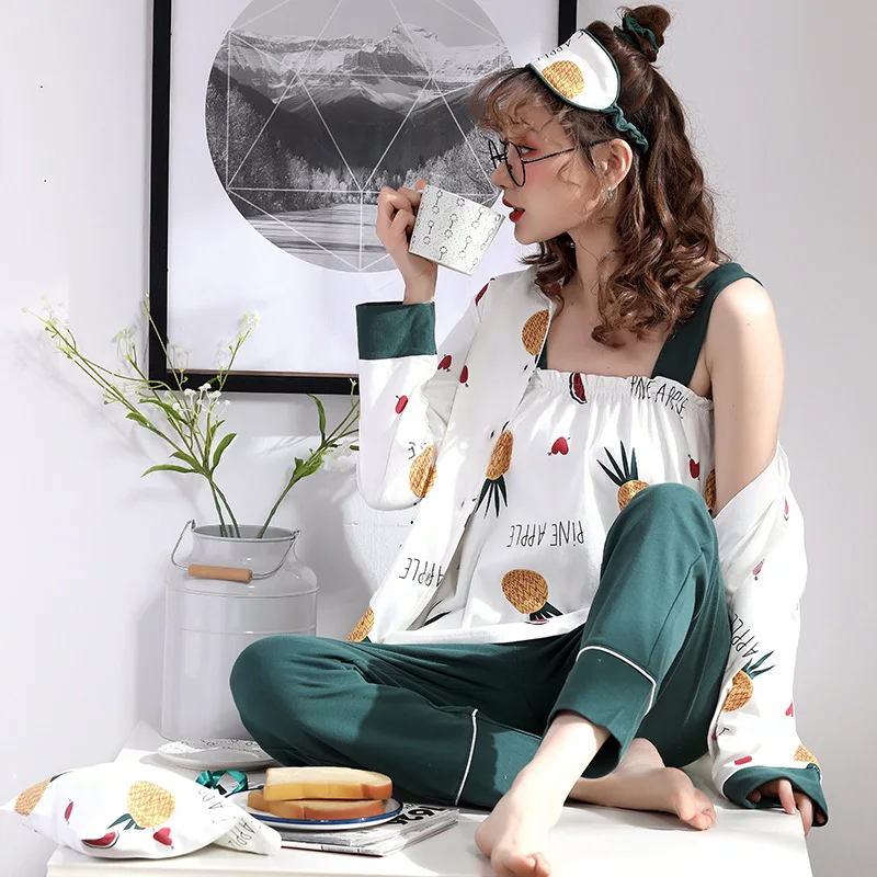 Летние Осенние женские пижамные комплекты из 7 предметов хлопковые пижамы с