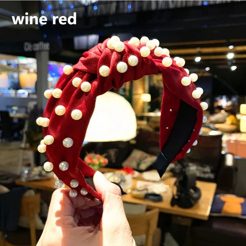 Pearl wine red Модная повязка для волос для девочек, аксессуары для волос с перекрестным узлом в богемном стиле, эластичная винтажная Женская бархатная повязка на голову с бантом - Цвет: Pearl wine red