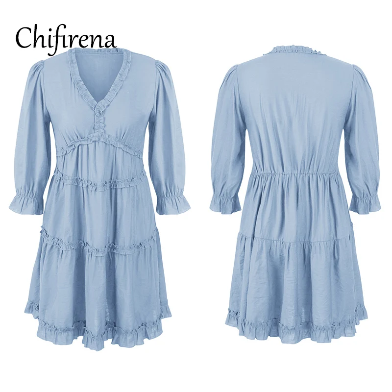 

Chifirena Summer Dress Women Solid V Neck Casual Dresses for Woman A-line Three Quarter Beach Holiday Sundress Elegant Vestidos