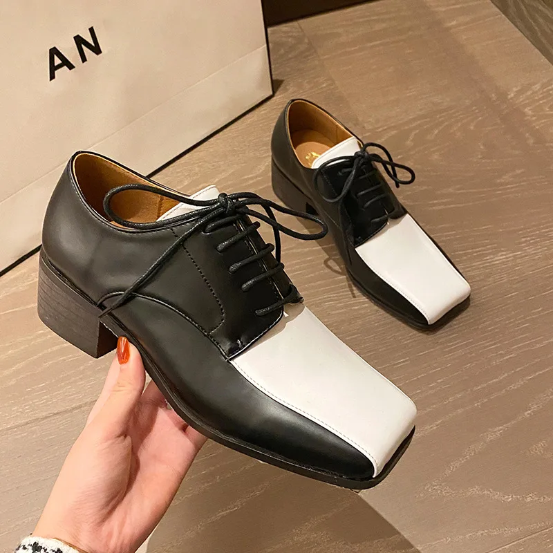 

Internet Celebrity Same Style Shoes for Women 2021 New Retro Color Matching Square Toe Chunky Heel Pumps