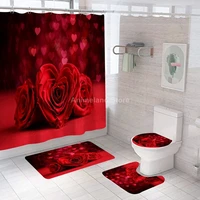 love heart rose shower curtains gift bathroom curtain bath sets toilet cover mat non slip washroom rug set modern 180x180cm hot