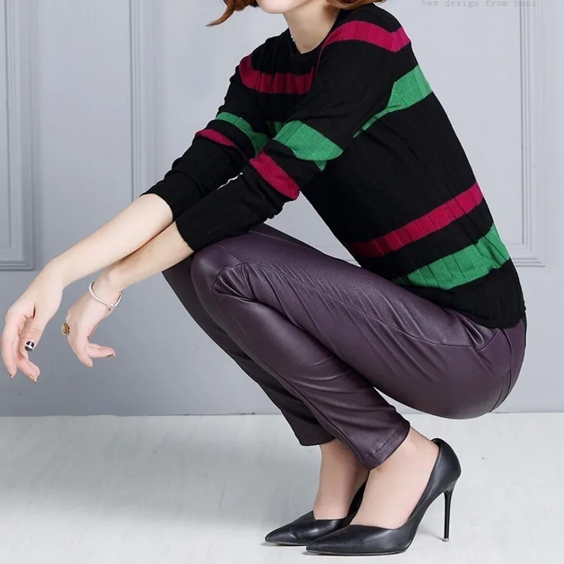 

Top Quality Women Genuine Leather Pencil Pants High Waist Elastic Slim Fit Skinny Office Lady Real Leather Trousers Plus Size