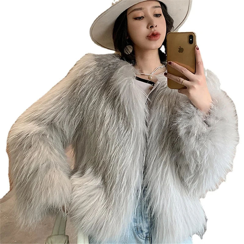 Autumn And Winter Women's Short Fur Coat Woven Raccoon Fur Fashion Casual Coat Thickening Warmth And Slimming Furry Jacket