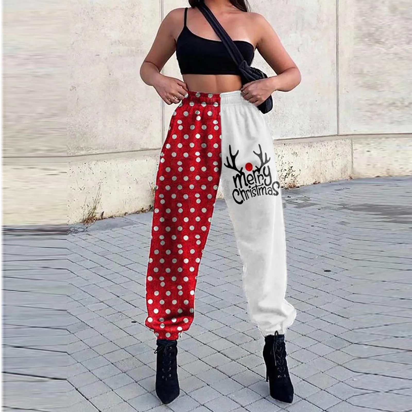 

Уличные длинные брюки женские рождественские спортивные штаны с принтом свободные штаны с прострочкой с карманами эластичные леггинсы Traf