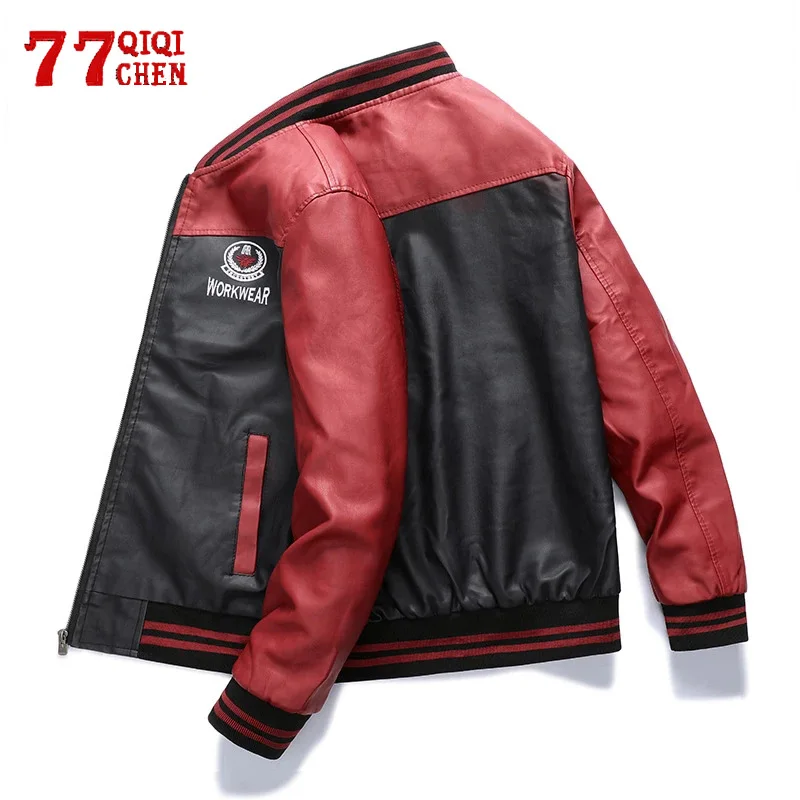

Mens Biker Leather Jacket Embroidered Slim Fit PU Coats for Male Fleece Luxury Pilot Stand Collar Jacket Patchwork Windbreaker