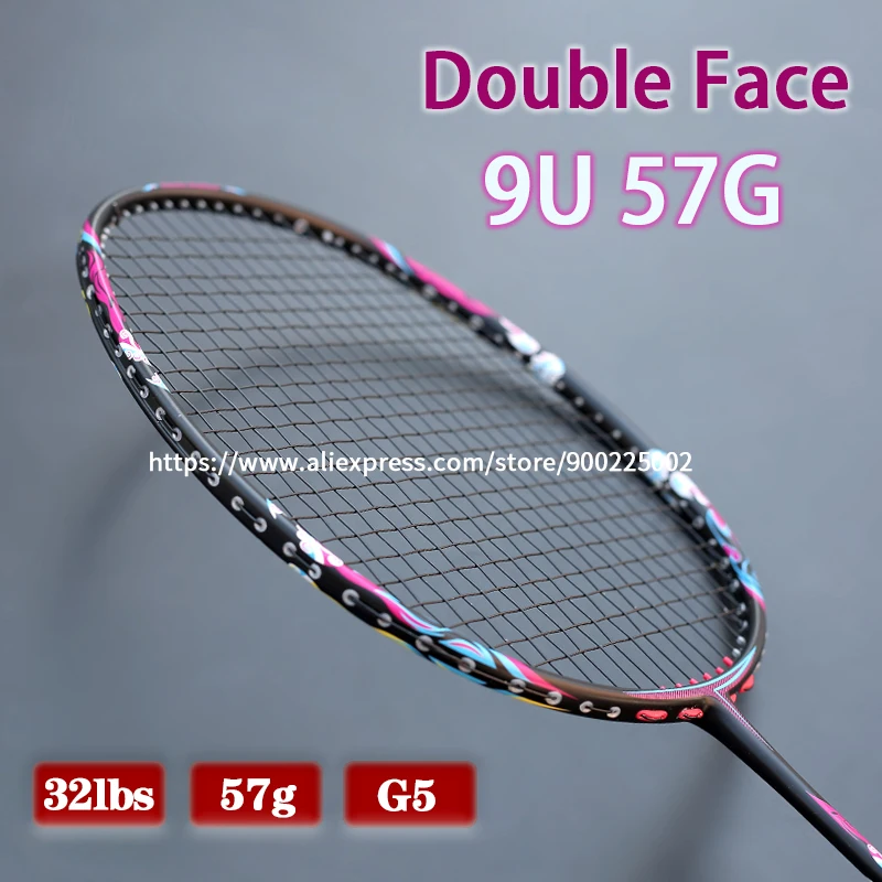 Ракетка для бадминтона из углеродного волокна, профессиональная суперлегкая ракетка для бадминтона 9U 57 грамм, навес 32 фунта, G5, со шнурками, для скоростных занятий спортом
