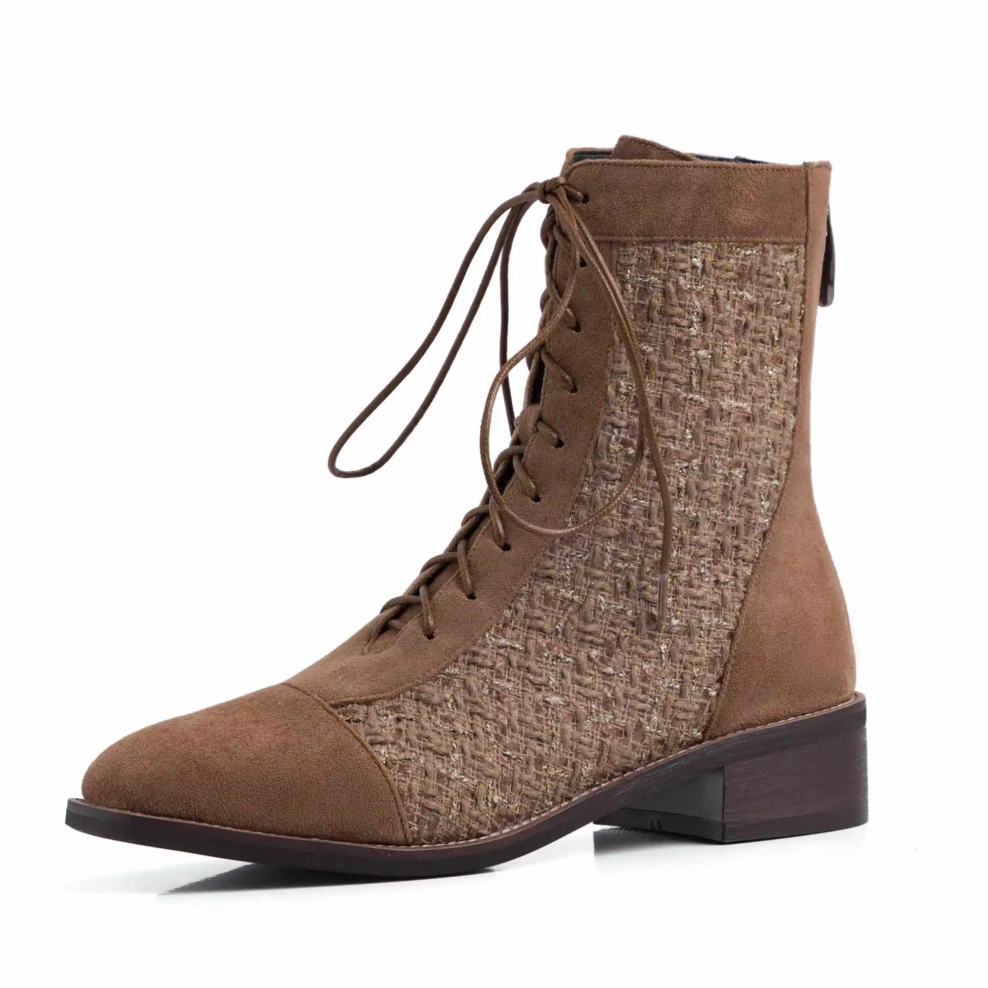 

Lenkisen new fashion mixed colors flock gingham lace up square toe med heels beauty lady winter keep warm women ankle boots L19