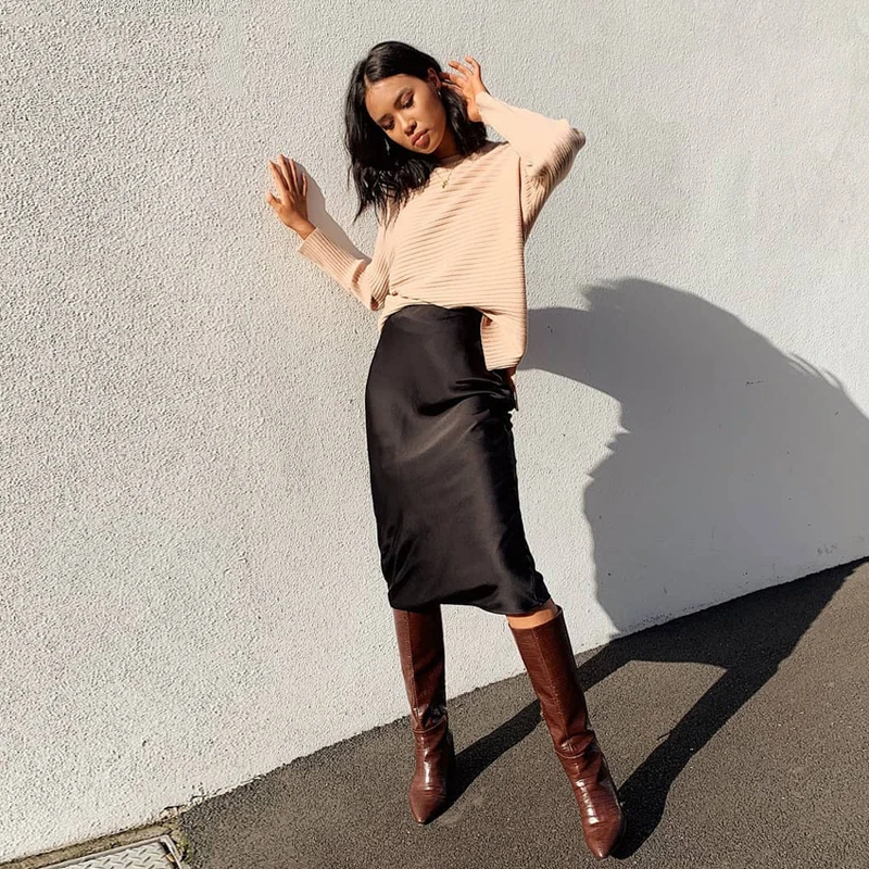 Женская атласная Юбка миди Za однотонная черная или белая длинная юбка из