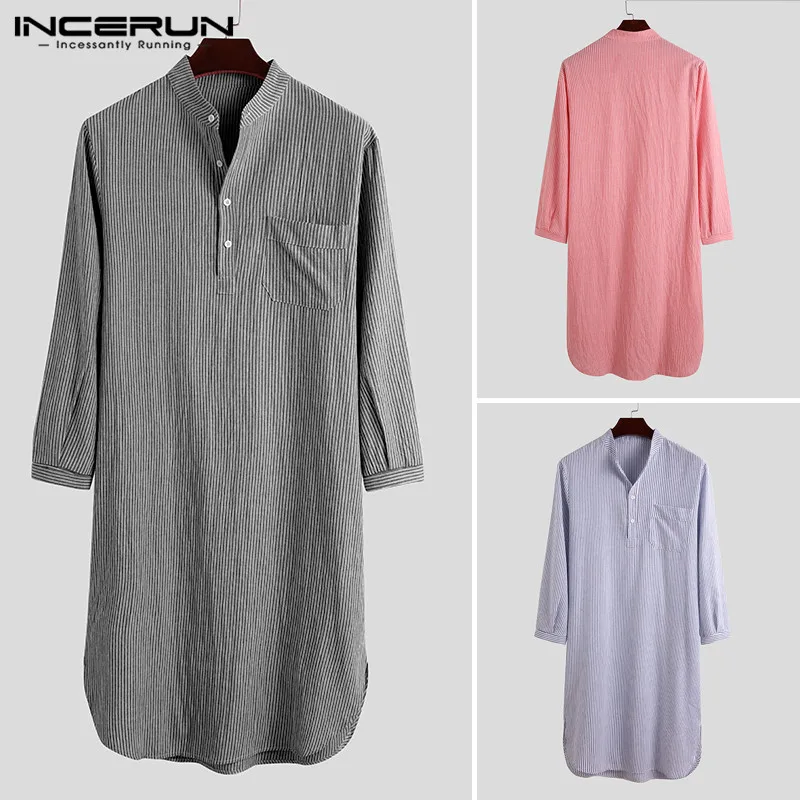 

Men Striped Robes Sleepwear Long Sleeve Stand Collar Homewear 2021 Mens Bathrobes Fashion Comfortable Leisure Nightgown INCERUN