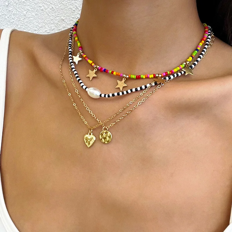 

Boho Multi Layered Gold Colour Love Heart Irregular Circle Coin Pendant Necklace for Women Colorful Beaded Necklace Jewelry