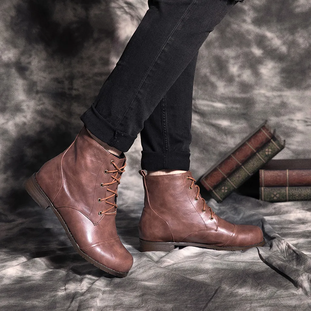 

shoes men boots 2019 genuine PU winter and autumn Men's Lace-Up Ankle Bare Boots Couple's Square Heel Casual Short Booties