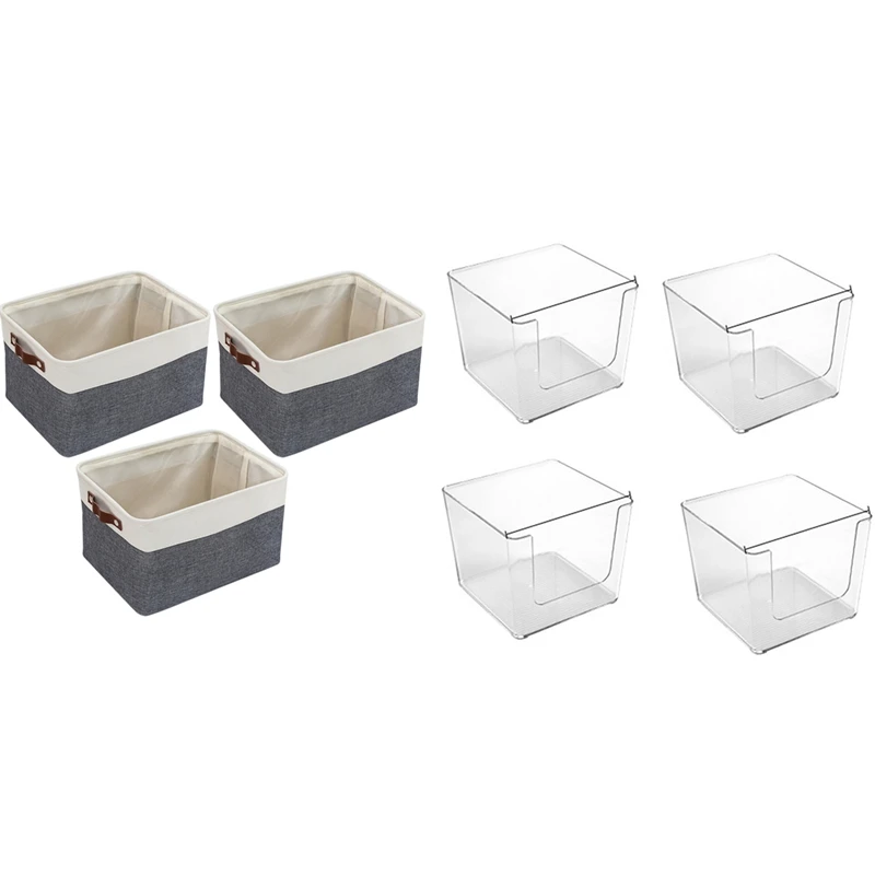 

4Pcs Clear Pantry Organizer Bins Household Food Basket Box With 3Pcs Storage Bin Rugged Canvas Fabric Square Container