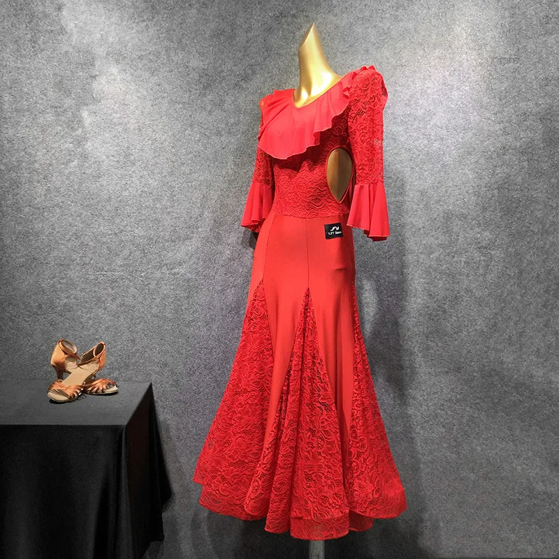 Женское платье для бальных танцев красное Венского вальса бальное с трико костюм