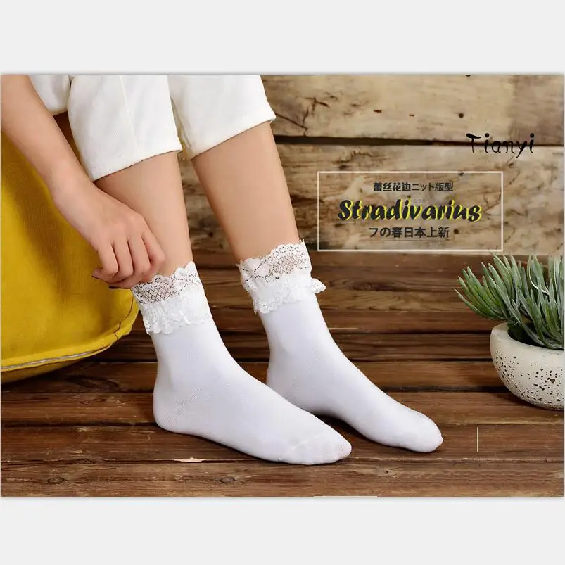 Women Solid Cotton Crew Socks Girls Lace Cuff Band Short Socks Ankle Socks Ladies Autumn White Black Long Socks 5 Pairs/lot