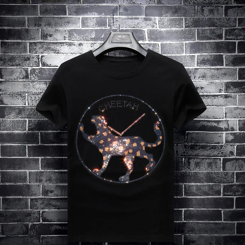 

2021 Cheetah Rhinestones Slim Men T Shirts Fashion Short Sleeve Clothing Streetwear O Neck Modal Cotton Tshirts Camisetas Hombre