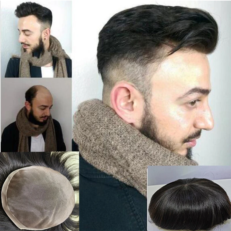 6*8 7*9 Toupee Men Hair Replacement System Unit Mono & Pu Human Hair Toupee Natural Hairline Male Wig Hair Prosthesis