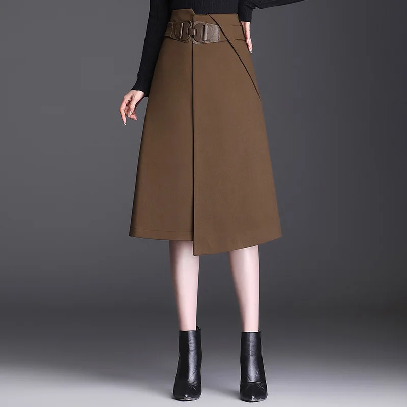 

Autumn Winter New Zipper High Waist Loose Korean A-line Black Skirt for Women Elegant Chic Mid-long Camel Skirts Female 5580