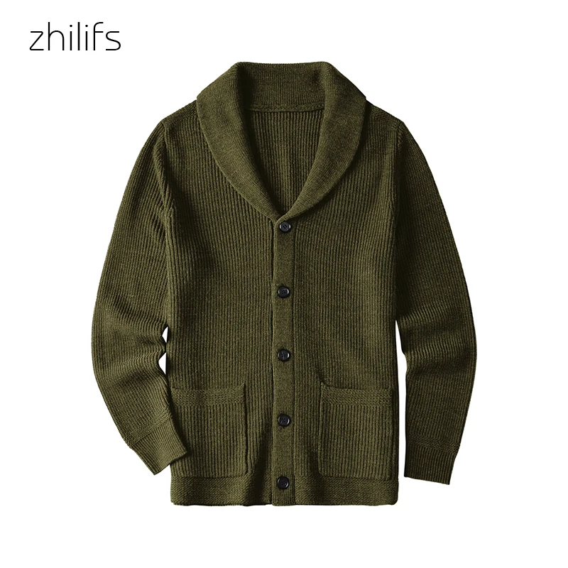 Army Green Cardigan Sweater Men Sweater Coat Extra Coarse Wool Sweater Thicken Warm Casual Coat Men Fashion Clothing Button Up