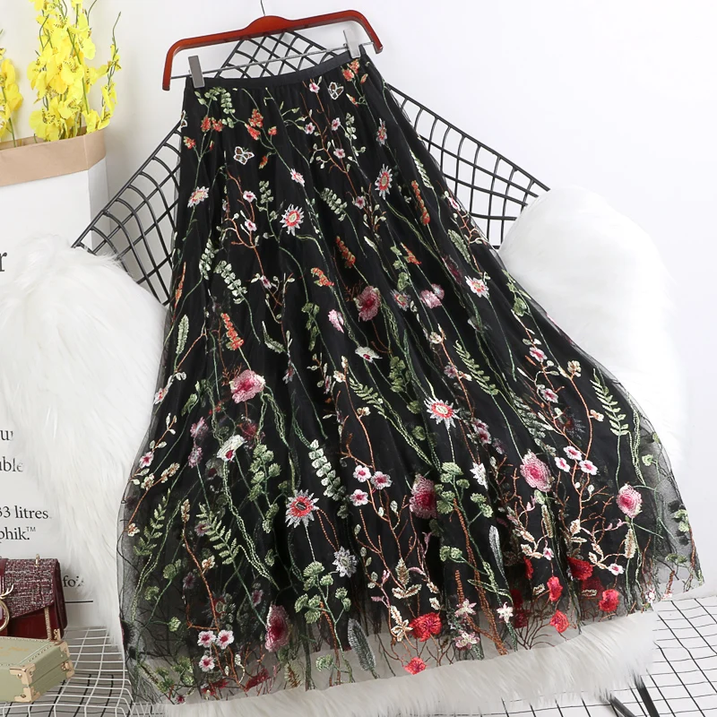

FAKUNTN Summer Women Mesh Skirt Fashion Flowers Embroidery Long Skirt Ladies Elegant Voile Appliques Mid-calf Swing Skirts