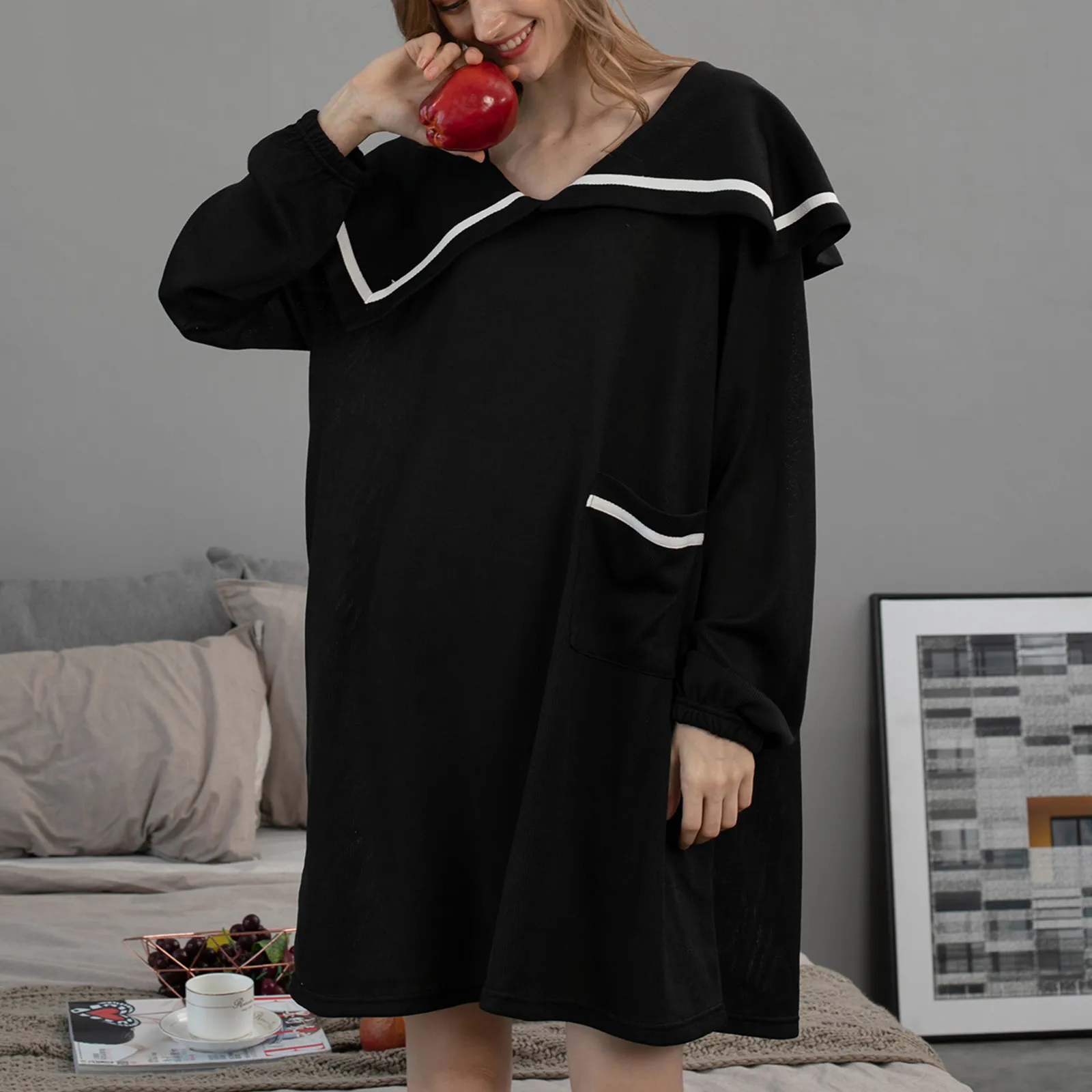 

Pijamas Female Cotton Women Sleepwear Loose Nightdress V-neck Long-sleeved Fashion Pajamas