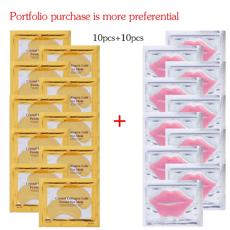 

10 Pairs Collagen Gold Eye Mask Anti Dark Circles Wrinkle Eye Care and 10pcs Collagen Moisturing Nourishing Lip Mask Combination