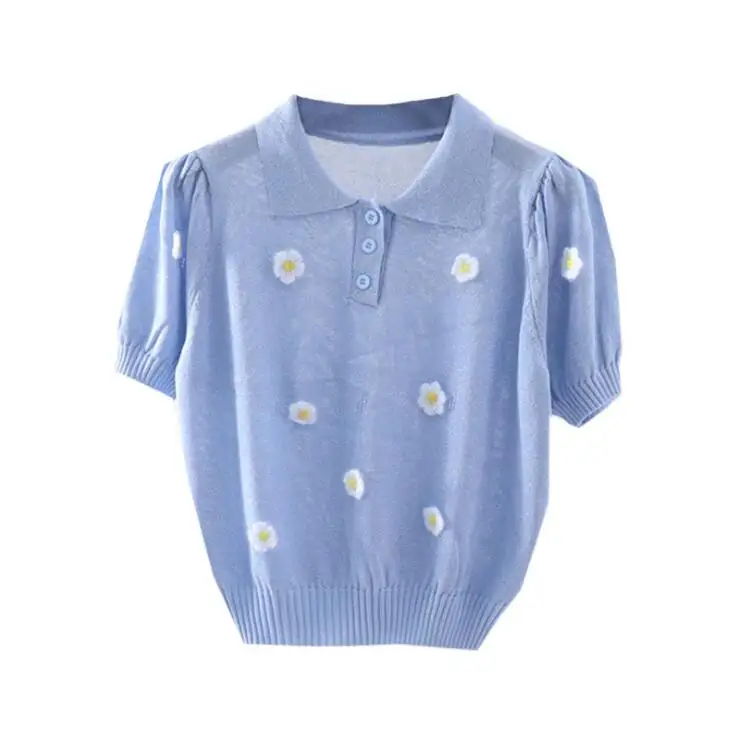 

2021 summer new Lapel short top three dimensional flowers ice silk bright silk knit t-shirt short sleeve sweater women's thin
