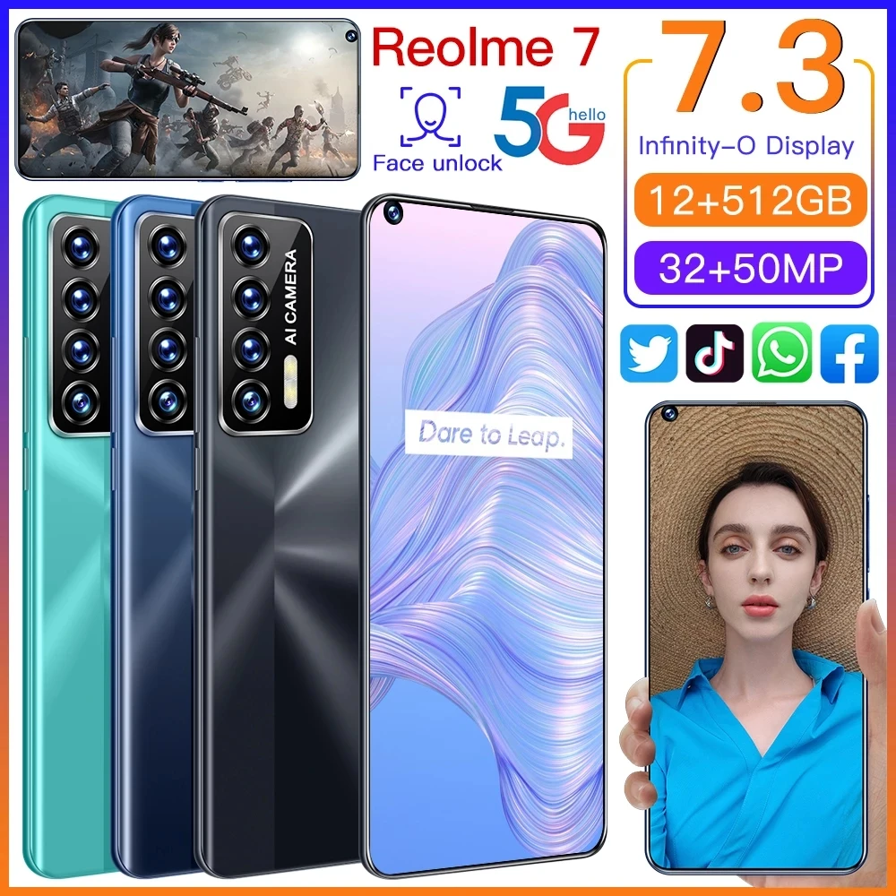 

Reolme 7 Global Version Qualcomm Snapdragon 888 6800mAh Android11.0 16GB 1T 5G 7.3'' Mobile Phone Face Unlock Smartphone