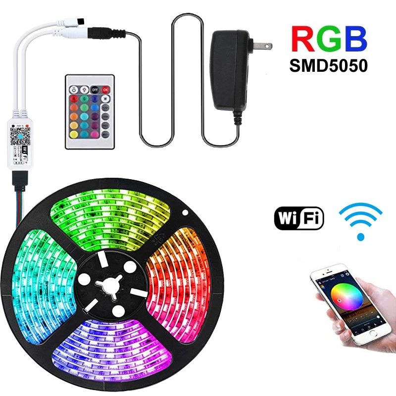 

RGB LED Strip SMD 5050 1M - 5M 10M 15M 20M Set DC 12V Flexible Tape Diode RGB Led Strip Light+Power IR APP Control Wireless