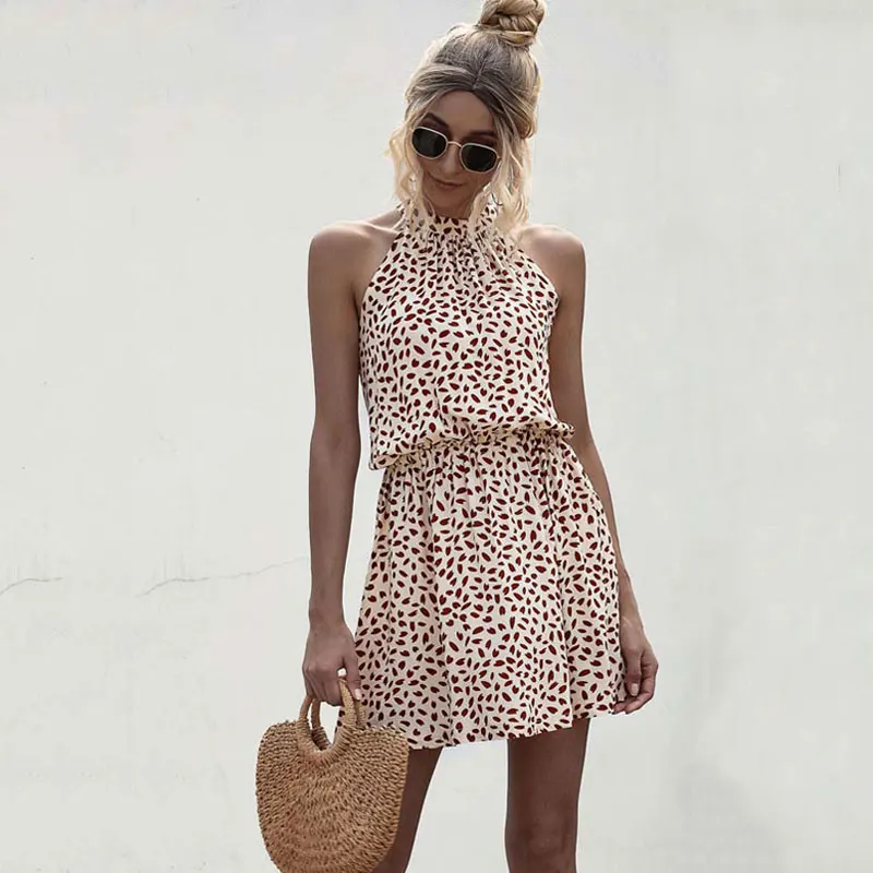 

2021 Women Short Summer Bare Shoulder Dress Dot Halter Sleeveless Party Dress Ladies Elegant Sundress Causal Mini Vestido Female