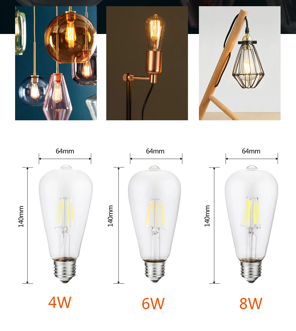 Светодиодная лампа 2W 4W 6W 8W 220V 240V E27 светильник с регулируемой яркостью, ретро лампы накаливания светильник лампочка ST64 Винтаж Светодиодная лампа Эдисона для Освещение в помещении